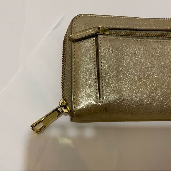 Fossil Gold Metallic Coated Leather Zip Around Wallet Clutch - Picture 7 of 10
